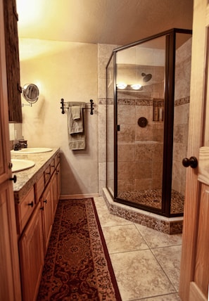Shower, jetted tub, hair dryer, towels