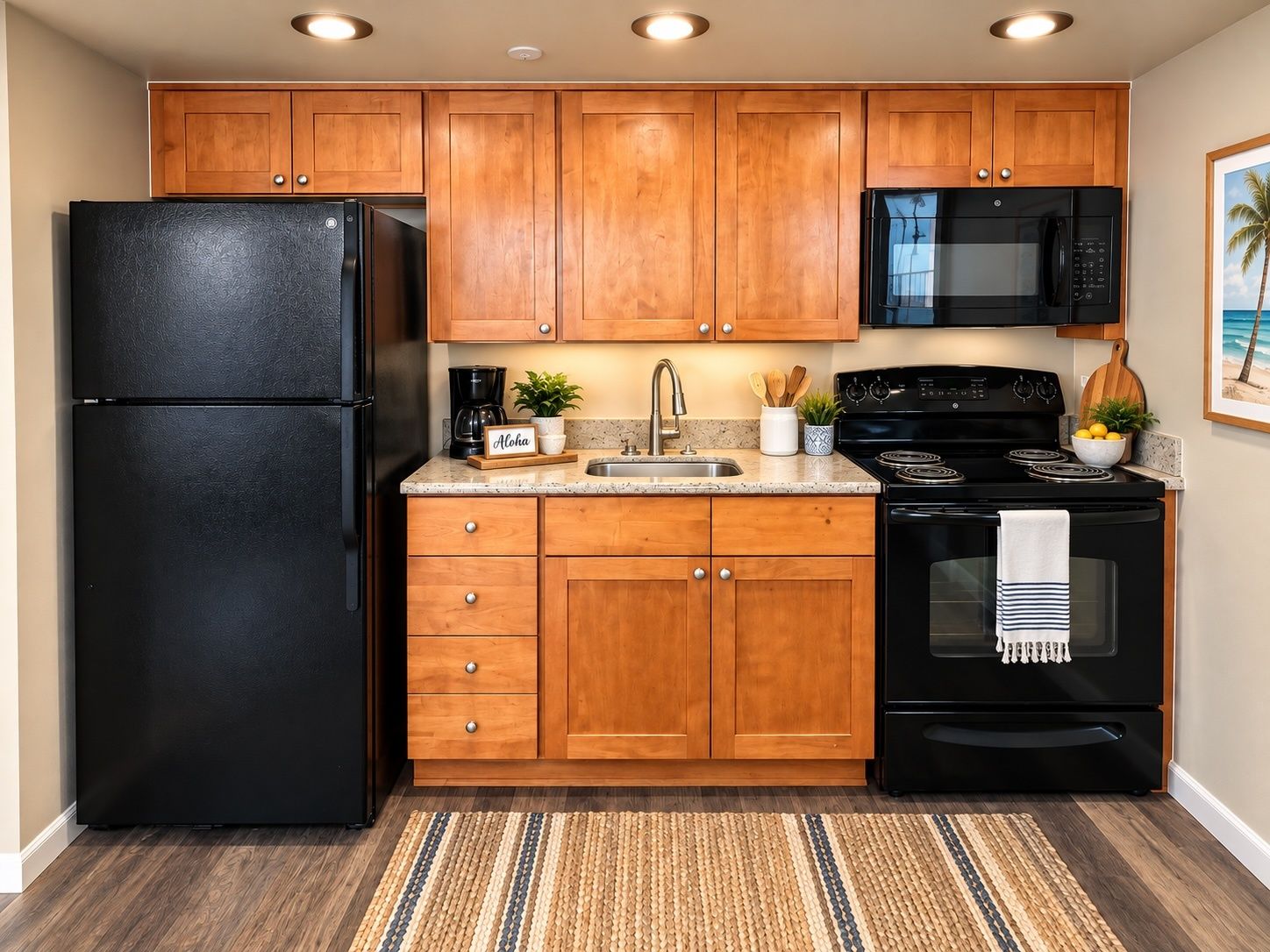 Una cocina con armarios de madera, un refrigerador negro, un microondas y una estufa.