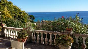 Un balcon donnant sur la mer, agrémenté de plantes en pot et muni d’une balustrade.