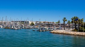 Un puerto deportivo con numerosas embarcaciones amarradas, un rompeolas de piedra y un cielo azul despejado.
