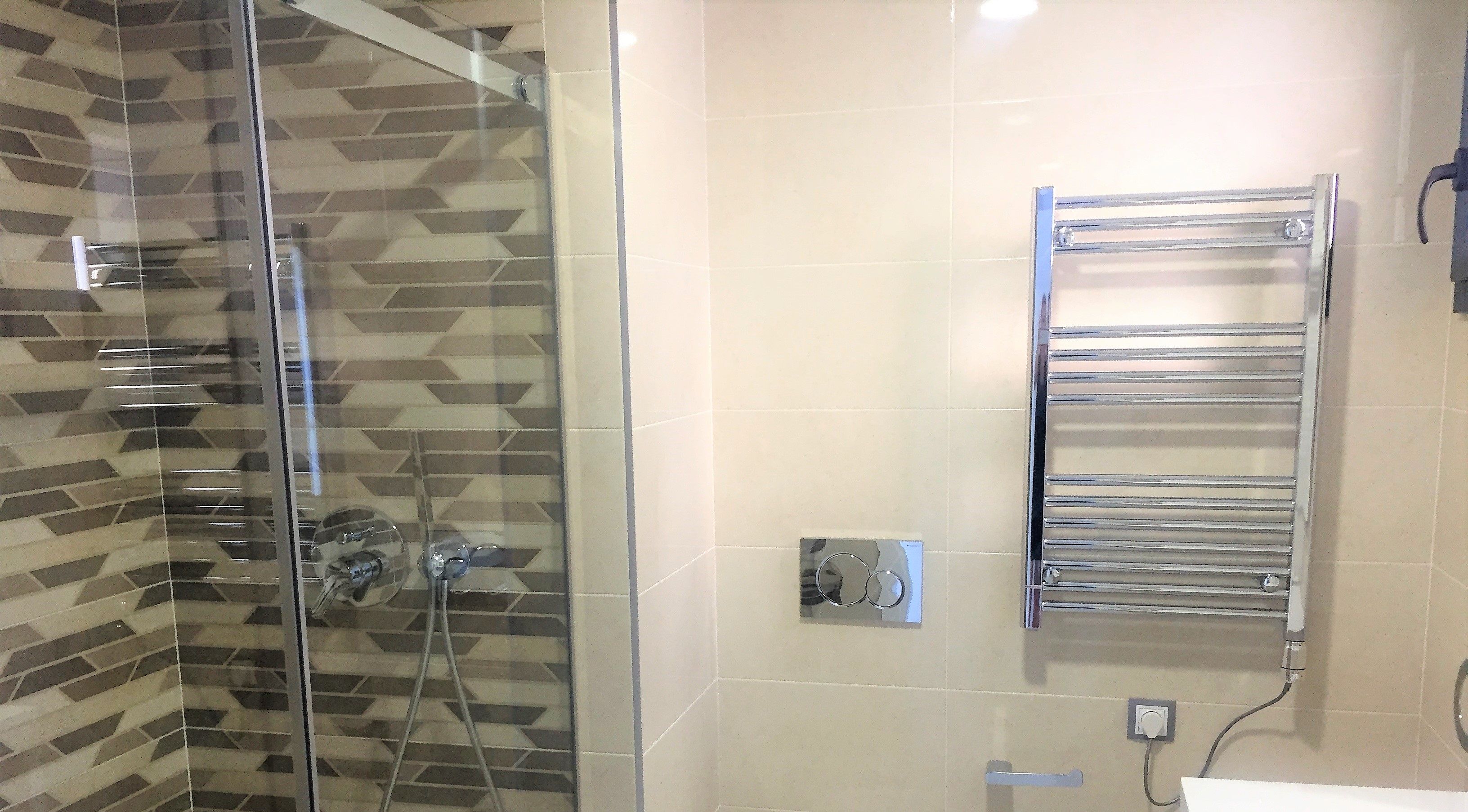 A modern bathroom with a glass shower enclosure, a white toilet, and a chrome towel rack.
