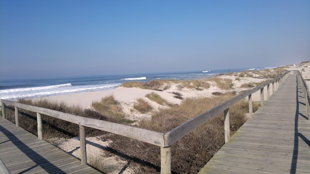 A wooden boardwalk leading to a beach with dunes and ocean waves. - "Beachfront apartment - Praia do Furadouro with Wi-Fi" (Ovar)