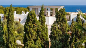 Ein weißes Gebäude mit Säulen, umgeben von hohen Bäumen und mit Blick auf das Meer.