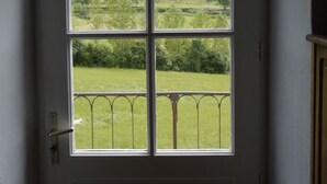A door with a view of a green landscape through a window.