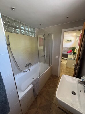 Bathtub, hair dryer, towels, toilet paper