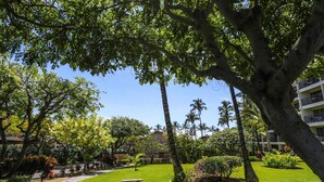 A lush garden with a central bench, palm trees, and a building in the background. - Breezy Kihei Condo Ocean and Haleakala Views Lanai Across From Kamaole (Kihei)