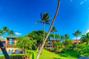 A resort with multiple buildings, palm trees, and a pool area.