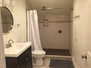 Hair dryer, towels, soap, shampoo