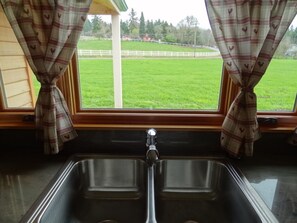 A kitchen with a stainless steel sink, a window with plaid curtains, and a view of a green field and white fence. - Five-Star Guest House On Hollywood Hill - Minutes From Woodinville's Wineries (Woodinville)