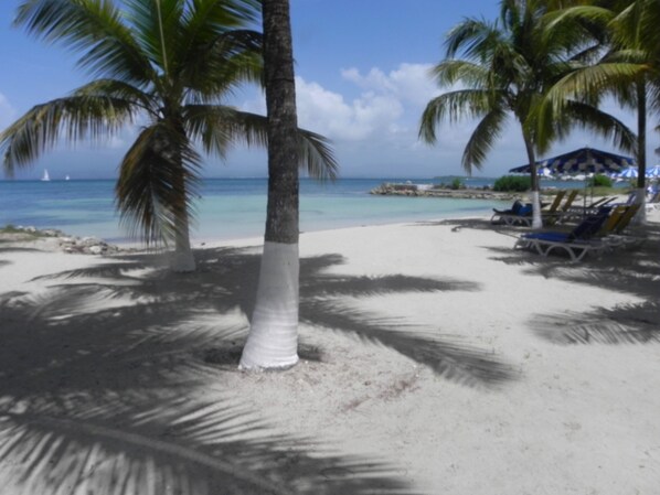 On the beach, sun-loungers