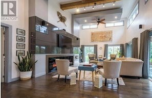 Smart TV, fireplace, video games, DVD player