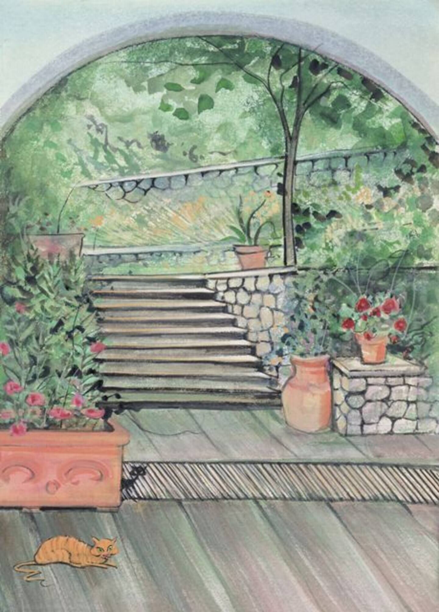 Una escalera de piedra que lleva a un arco verde adornado con plantas y flores.