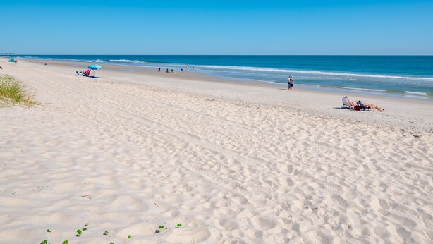 A wide sandy beach with footprints and sparse vegetation, a clear blue sky, and calm ocean waves.