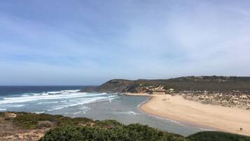 Enjoy the serene coastal landscape with gentle waves lapping at the shore.