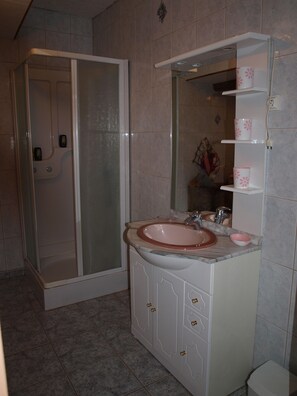 Combined shower/tub, hair dryer, towels, toilet paper
