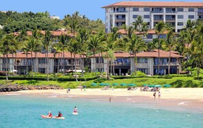 Enjoy ocean views from balconies amidst lush palm trees and a sandy beach.