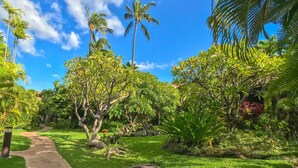 A tropical garden with a paved walkway, lush greenery, and palm trees. - Where Zen Finds You Kihei Garden Condo Split AC Pool Hot Tub Near Beach (Kihei)