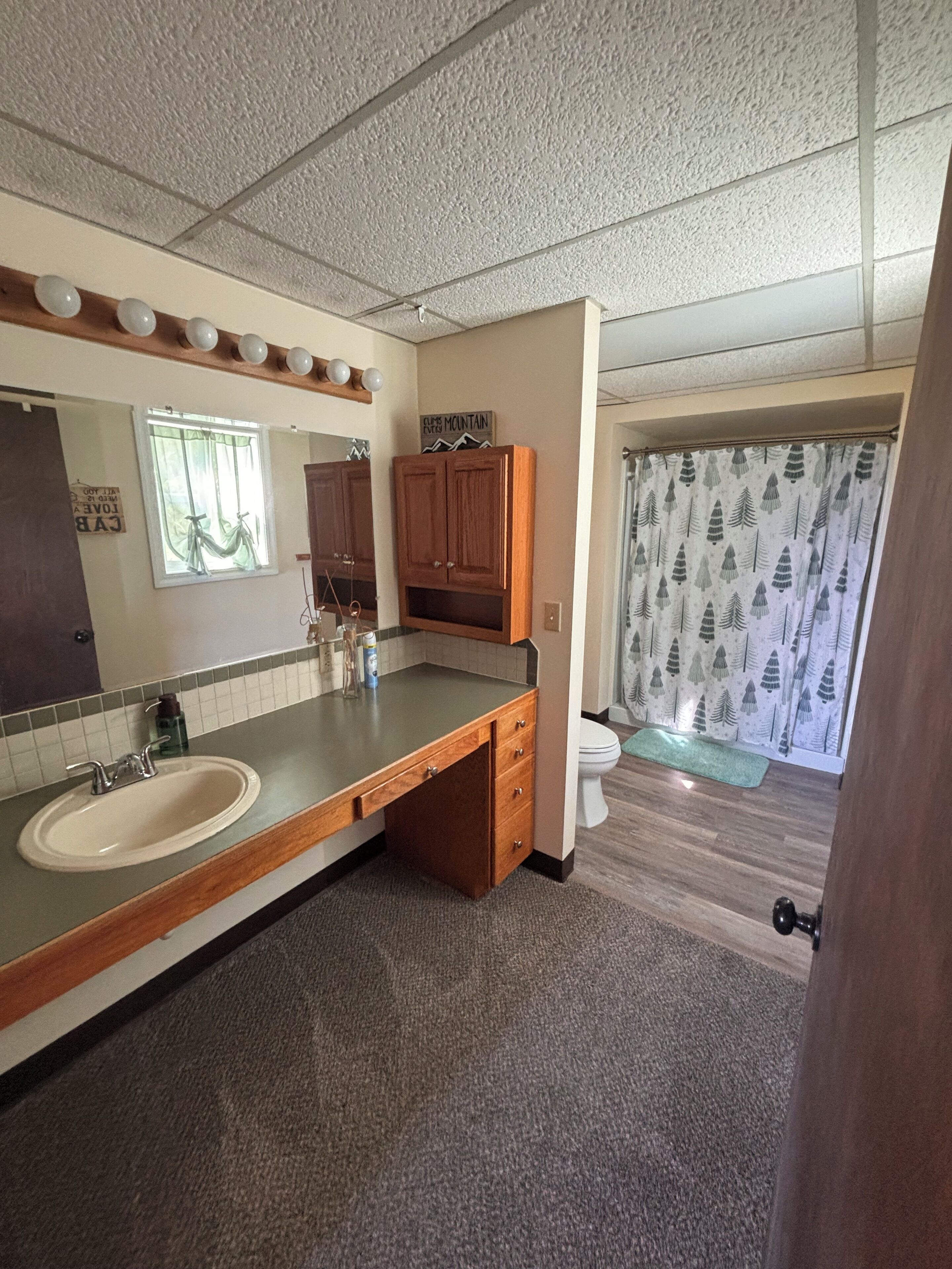 A bathroom with a sink, mirror, wooden cabinets, and a shower curtain with a tree pattern.
