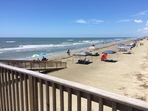 On the beach, sun-loungers, beach towels