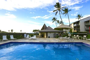 A swimming pool with lounge chairs, a shaded area, and palm trees.