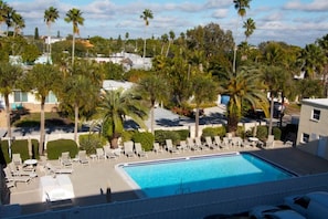 A pool area with lounge chairs and a swimming pool, surrounded by palm trees and buildings. - Beautiful 1.5 BR Condo Steps Away from White Sandy Beaches (Madeira Beach)