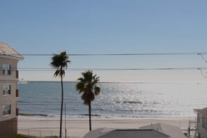 Vista de la playa con un edificio y palmeras al frente.