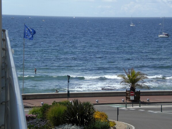 A coastal view with a flag, a palm tree, and a sign indicating a bike path. - Well-located apartment, terrace with sea view. 50 m from the beach. For 2-4 pers (Les Sables-D'olonne)