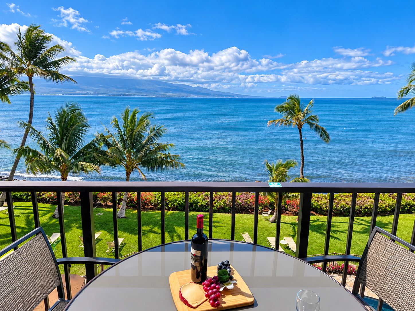 Une table avec une bouteille de vin, une planche à découper avec des raisins et un verre sur un balcon donnant sur une plage bordée de palmiers et l’océan.