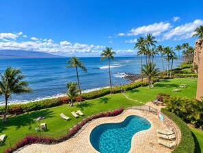 A pool with a curved design, surrounded by a stone deck and a fence, with a view of the ocean and palm trees.