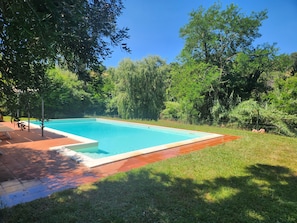 Una piscina rectangular con borde de baldosas, rodeada de abundante vegetación y árboles.