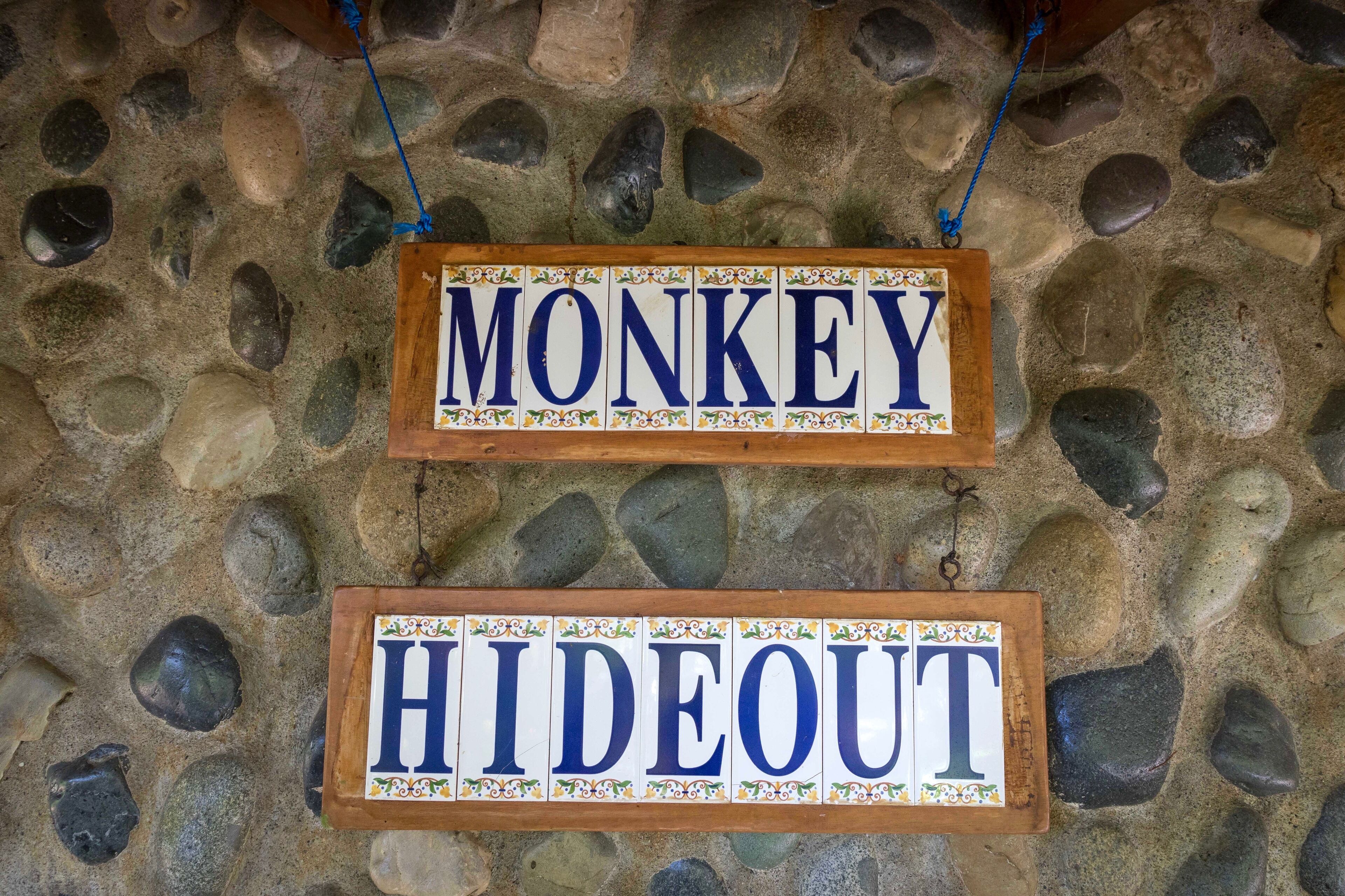 Zwei Schilder, eines mit der Aufschrift 'MONKEY' und das andere mit 'HIDEOUT', hängen an einer Steinwand.