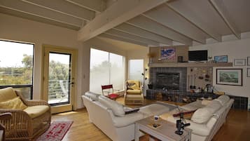 Smart TV, fireplace, DVD player, books