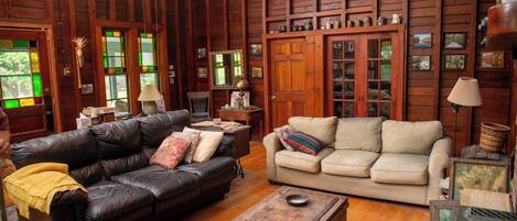 Télévision, cheminée, lecteur de DVD, livres