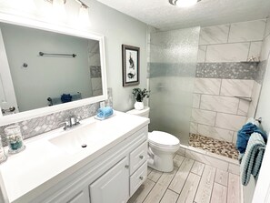 Douche, sèche-cheveux, serviettes fournies, savon