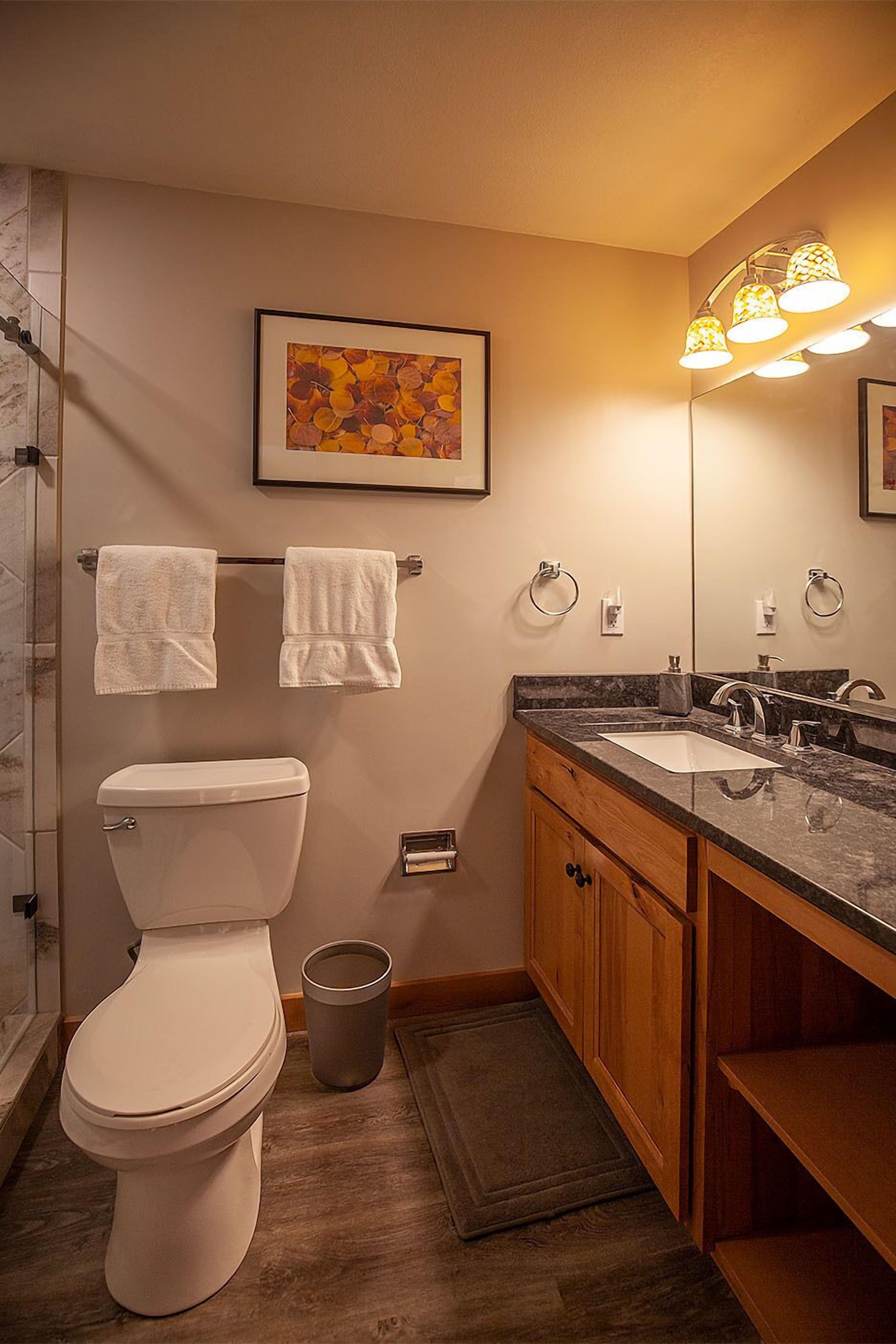 A modern bathroom with a toilet, sink, and mirror. There is a framed picture on the wall and a towel rack with towels.