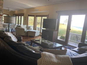 Smart TV, fireplace, DVD player, books