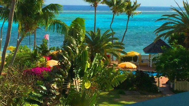 Un complexe hôtelier tropical doté d’une piscine, de palmiers et offrant une vue sur l’océan.