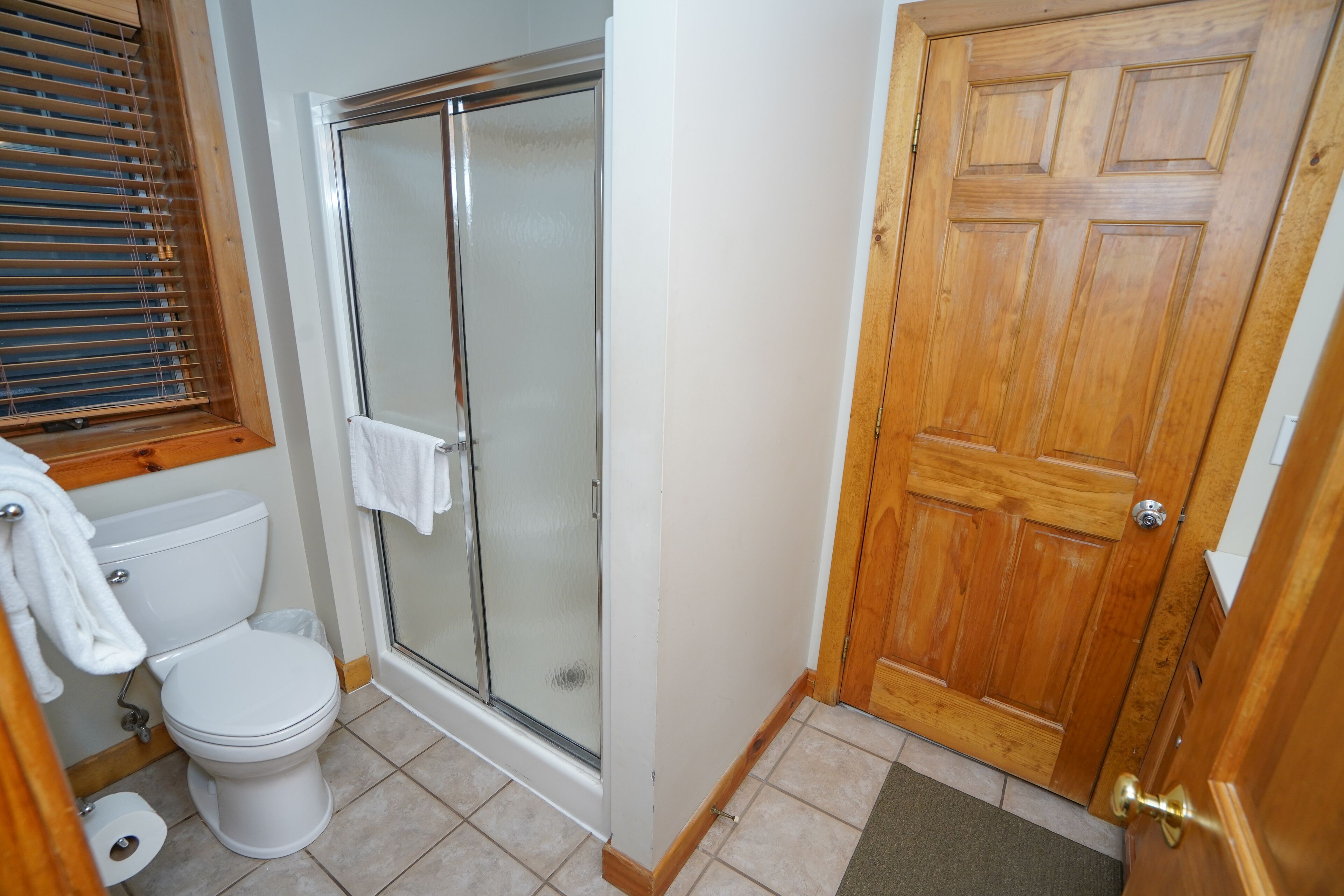 Een badkamer met een toilet, een douchecabine met glazen wanden en een houten deur.
