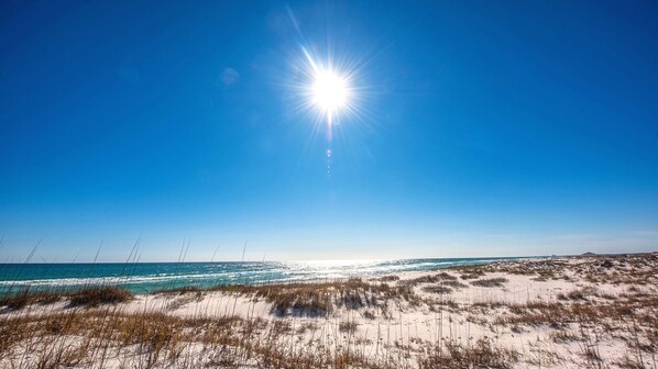 Beach nearby, sun loungers, beach towels