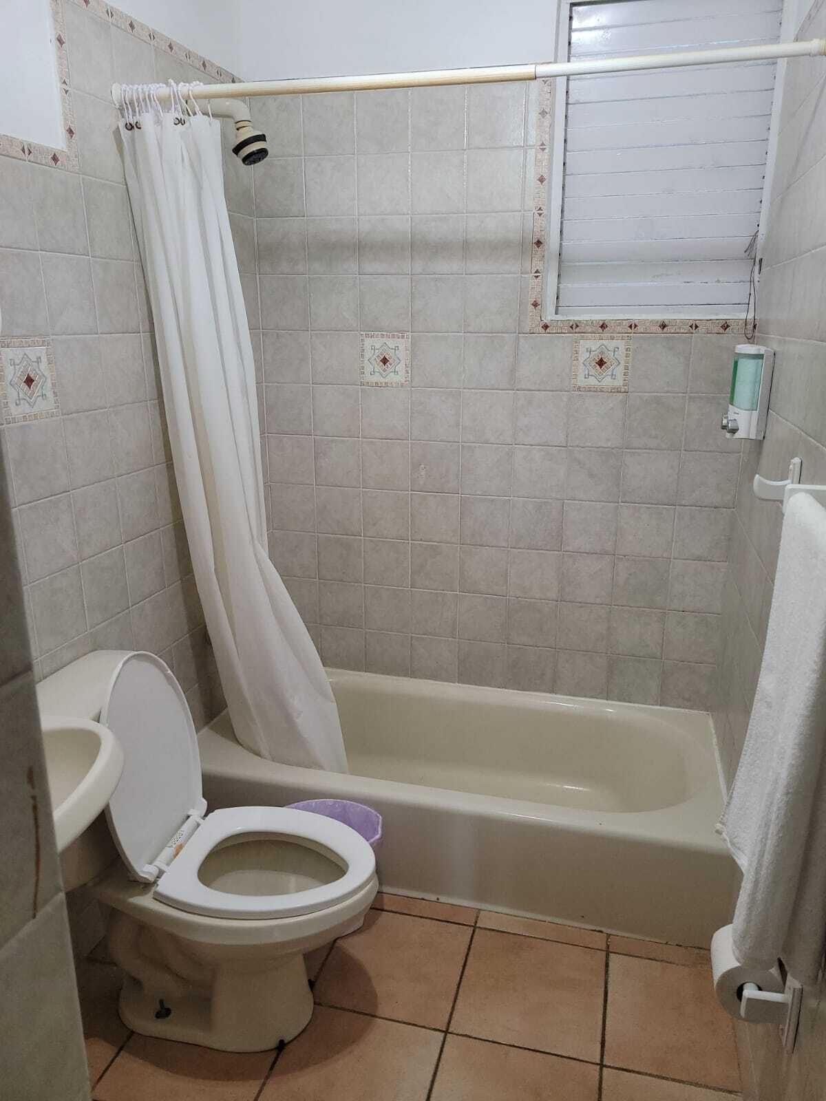 A bathroom with a toilet, bathtub, and shower curtain.