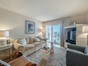 TV a schermo piatto, lettore DVD, libri