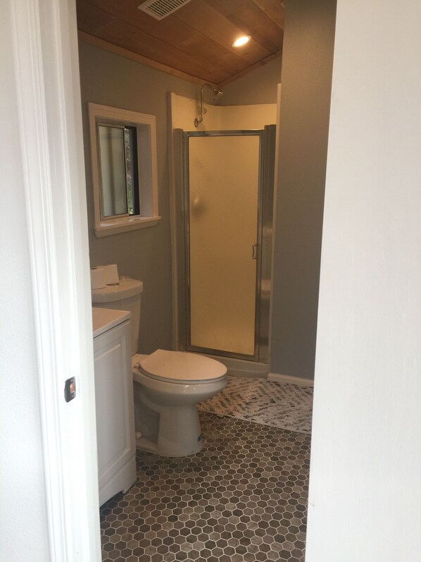 A small bathroom with a toilet, a shower, and a window above the toilet.