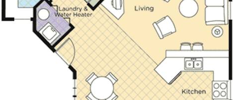 Plano de planta de un hotel que muestra el baño, dormitorio, lanai, lavandería, calentador de agua, sala de estar y cocina.