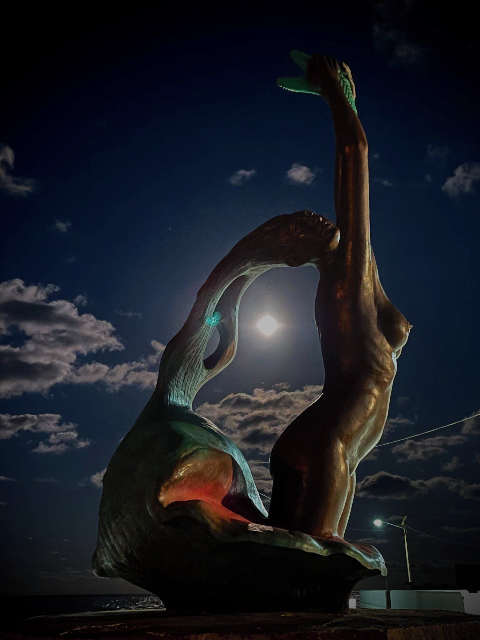 Een sculptuur van twee figuren in een dynamische pose, voor een nachthemel met een zichtbare maan.
