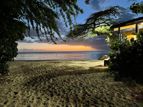 On the beach, sun-loungers, beach towels