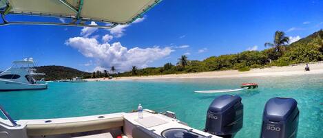 A boat with two outboard motors, a white cabin, and a view of a beach with palm trees and a clear blue sky.