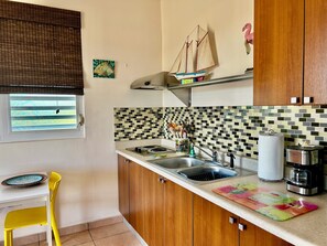 Fridge, microwave, stovetop, coffee/tea maker