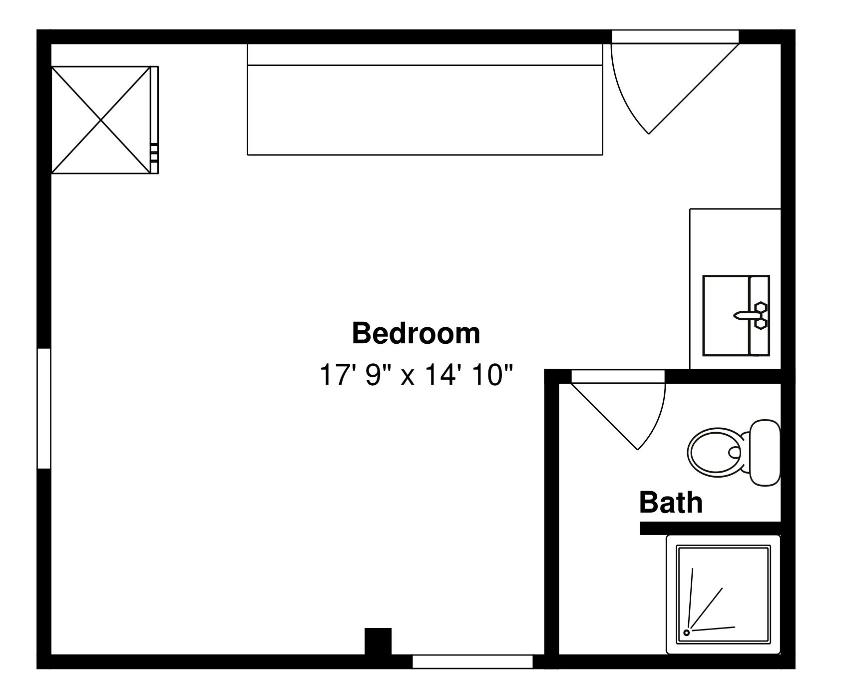 Ein Grundriss mit einem Schlafzimmer mit den Maßen 5,33 x 4,57 Meter, einer Terrasse und einem Badezimmer.