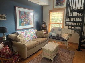 Smart TV, fireplace, DVD player, books