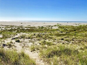 On the beach, sun loungers, beach towels